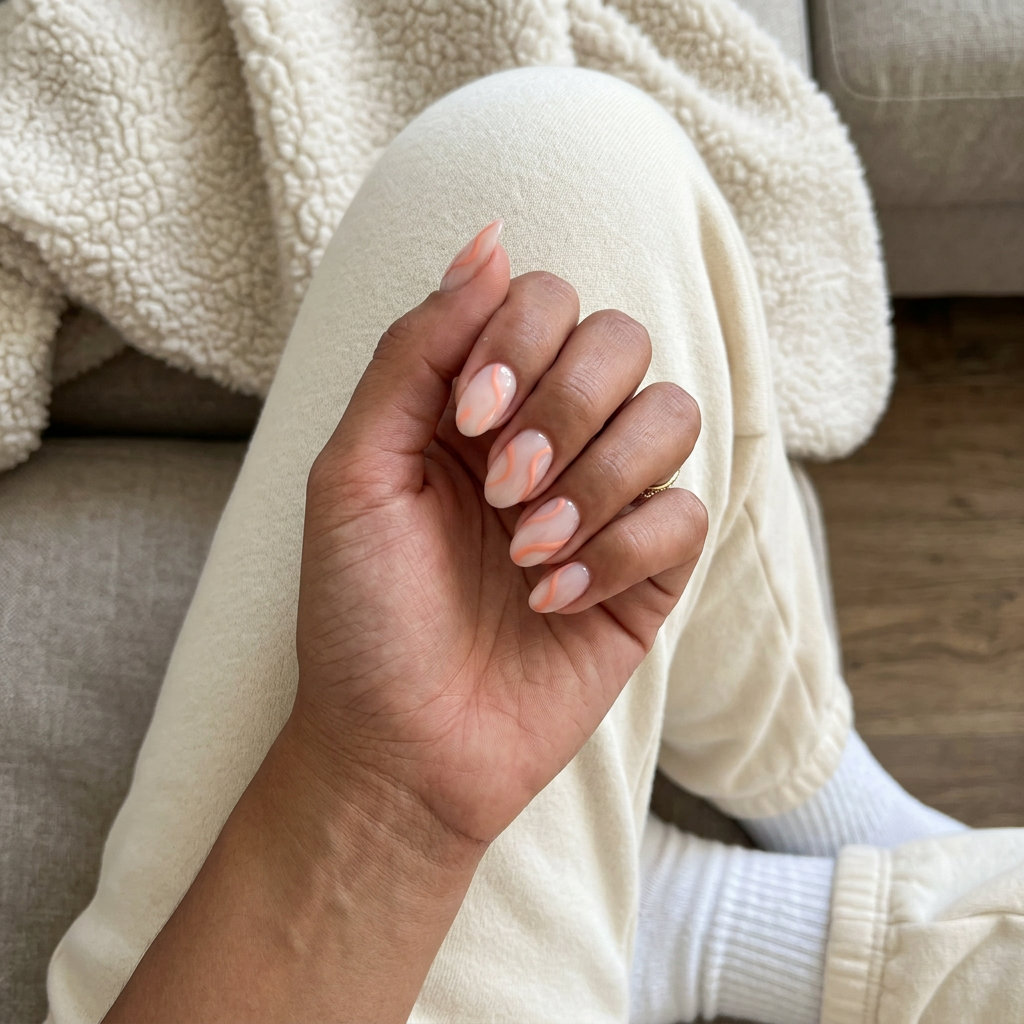 Elegant peach coral swirl nails with white accents for colourful summer nails 2026. Perfect for weddings.