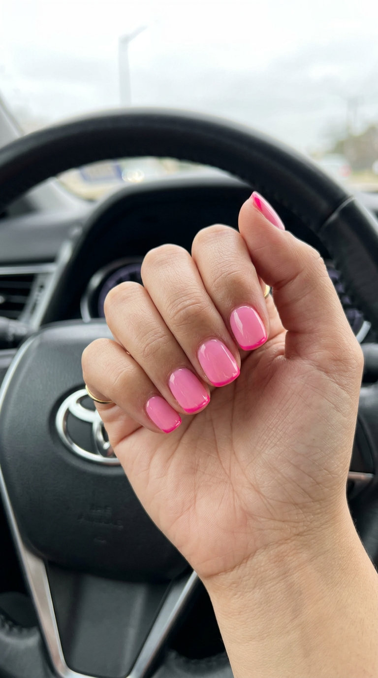 Hot pink micro French tip on nude nails for colourful summer nails 2026. Clean girl aesthetic.