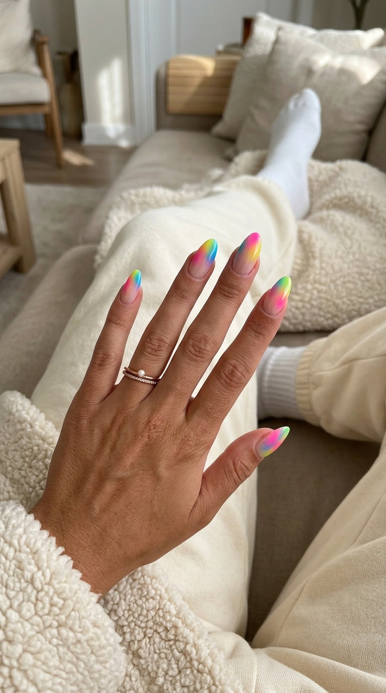 Playful rainbow aura burst nails for colourful summer nails 2026. Vibrant for festivals & parties.