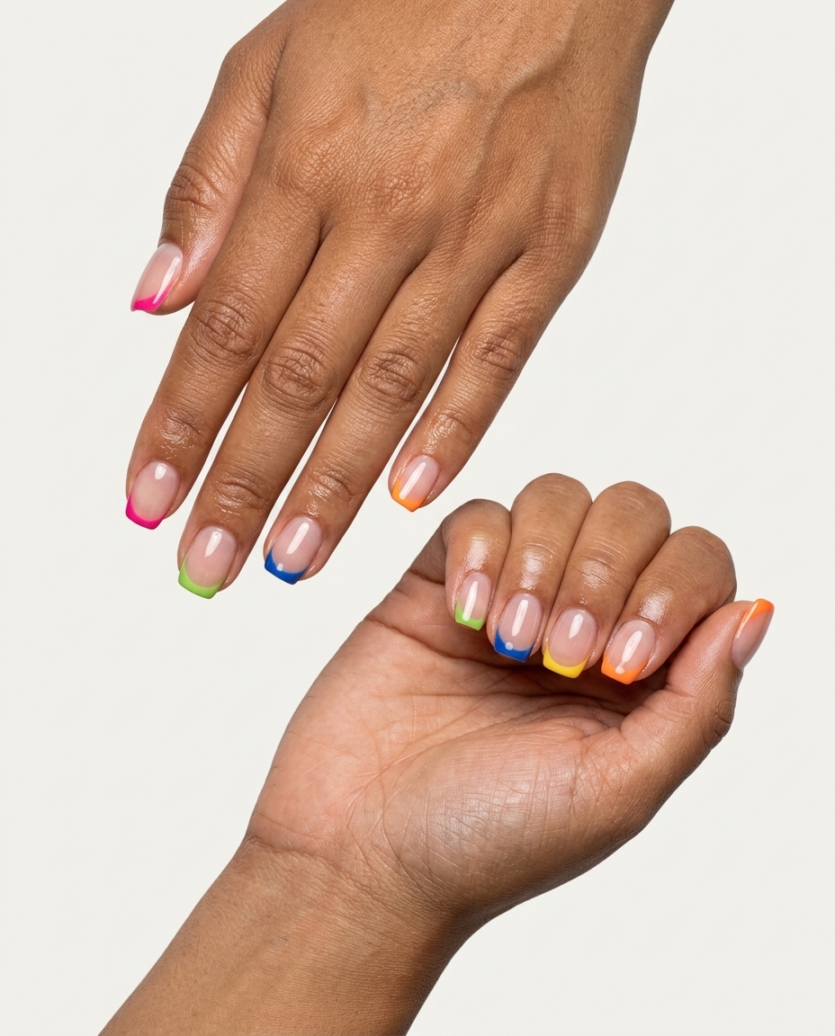 Vibrant rainbow micro French tips for colourful summer nails 2026. Festive for festivals & vacations.