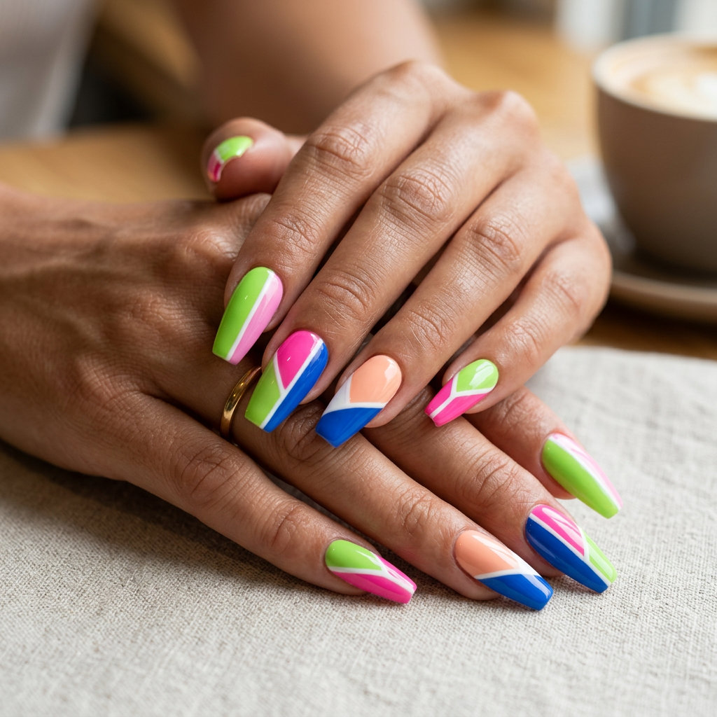 Retro Color Block Coffin nails with lime green, hot pink, cobalt blue & peach geometric design. Colourful summer nails 2026.