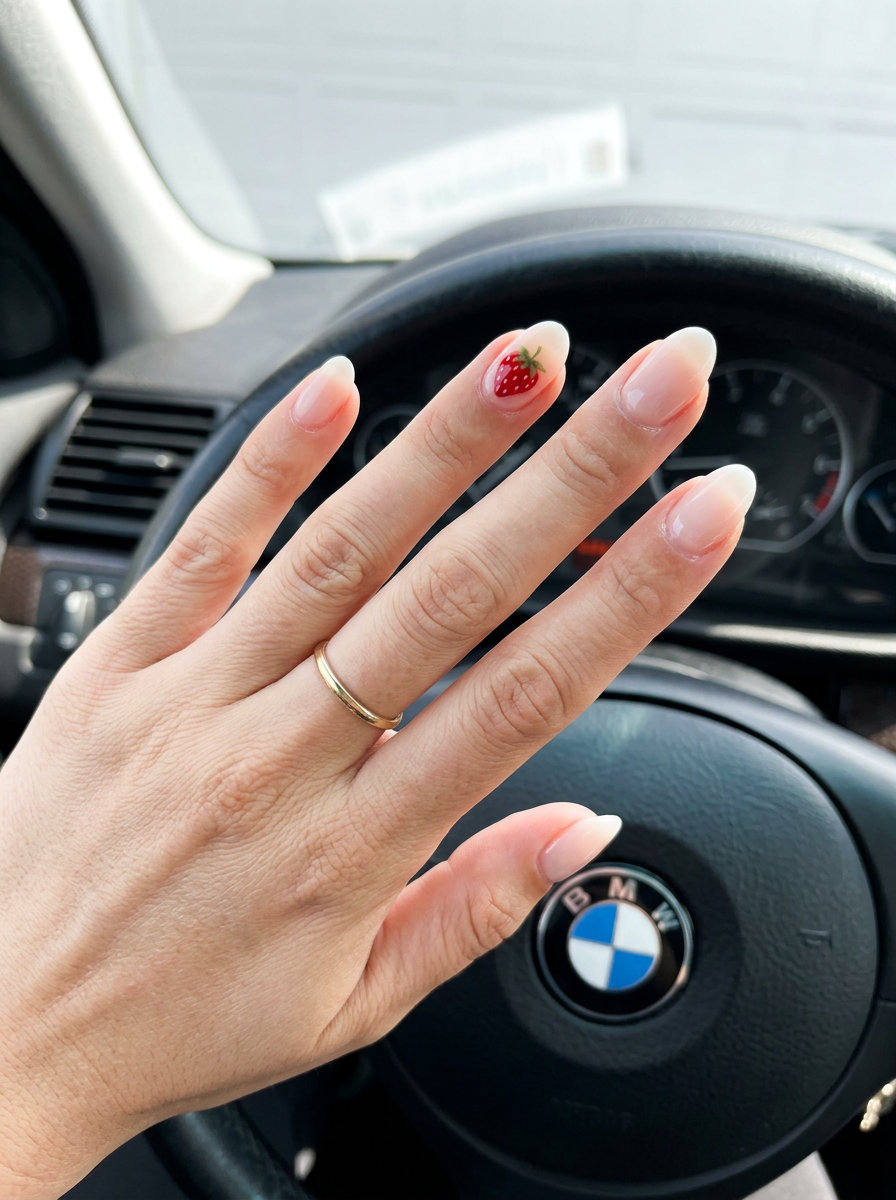 Sweet strawberry accent nails on milky nude for colourful summer nails 2026. Charming for casual days.