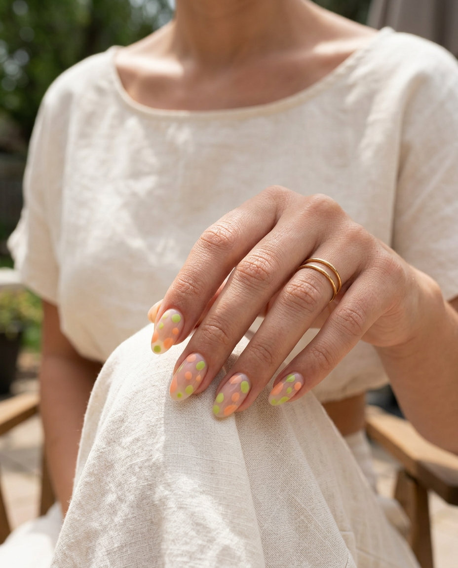 Playful peach and lime green dotty abstract nails for colourful summer nails 2026. Fun for beach days.