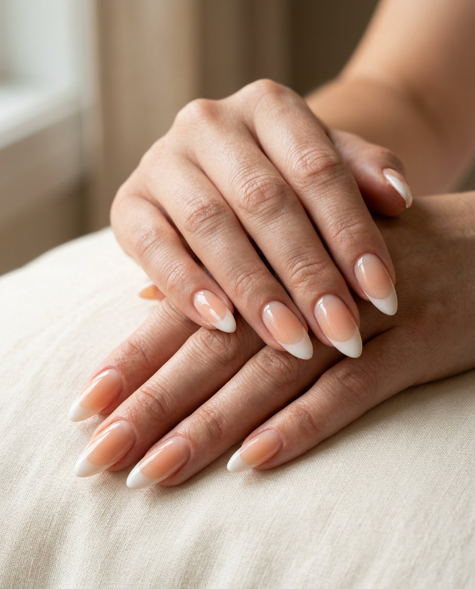 Sunset peach ombre French tip nails for colourful summer nails 2026. Romantic and sophisticated.