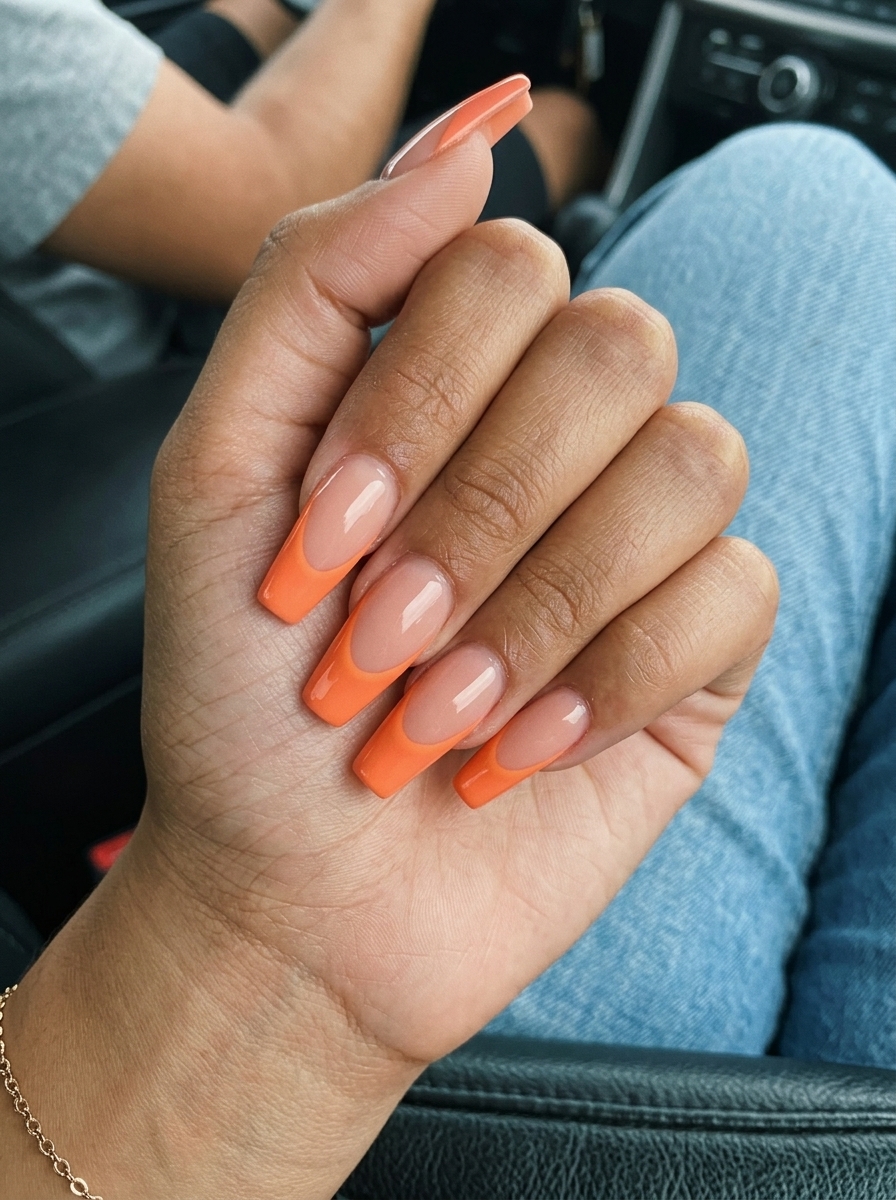 Peach coral reverse French tip on nude pink nails for colourful summer nails 2026. Romantic daytime look.