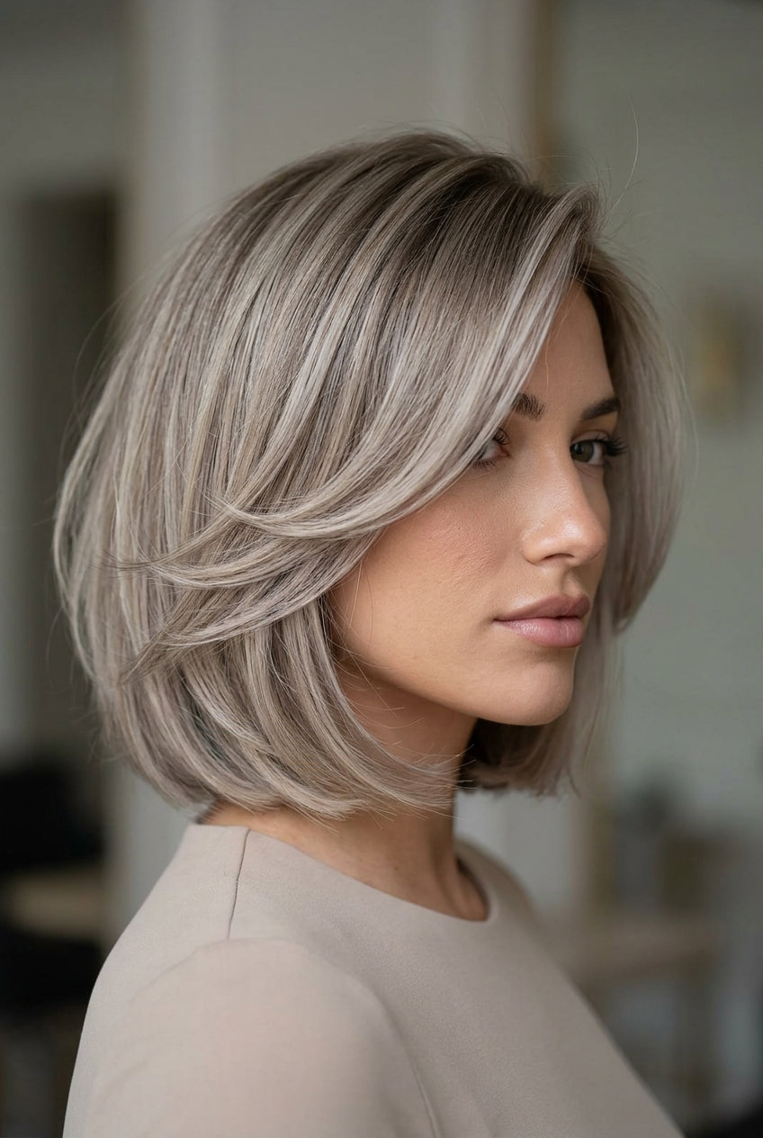 medium butterfly haircut in cool ash blonde with silver undertones, sculpted layers, side-swept fringe — sophisticated