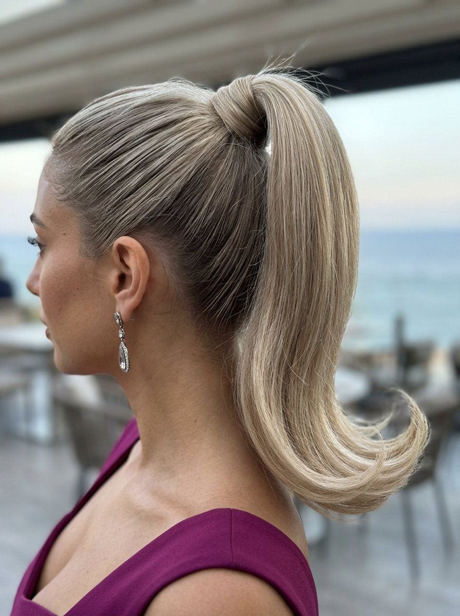 long cool beige blonde ponytail with outward flicks and polished shine