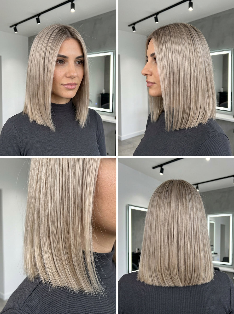 medium blunt lob haircut with cool beige blonde, ash root smudge, sharp perimeter — sophisticated