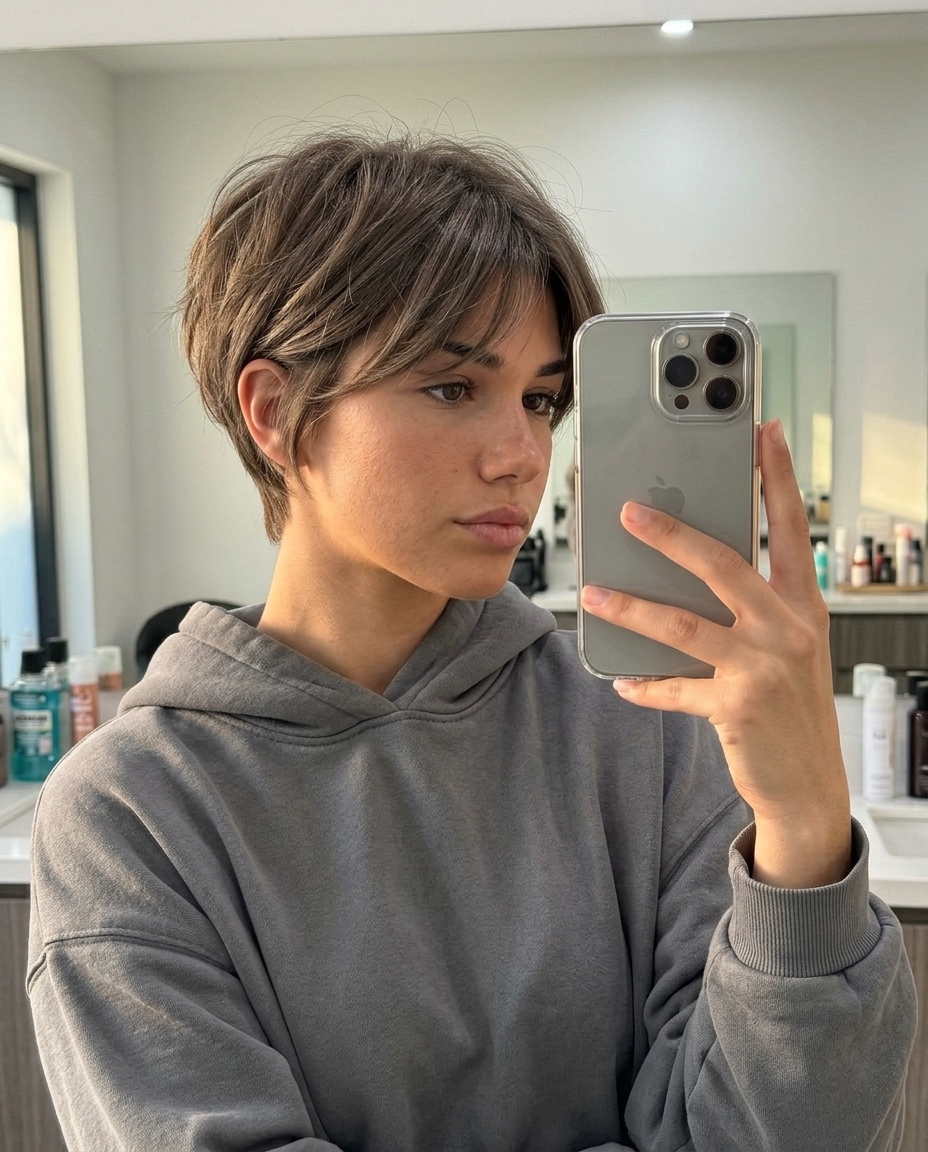 Fresh Summer Haircut 2026: Textured Crop short textured crop haircut with cool brown/ash blonde dimension, razored layers, wispy fringe — modern, effortless
