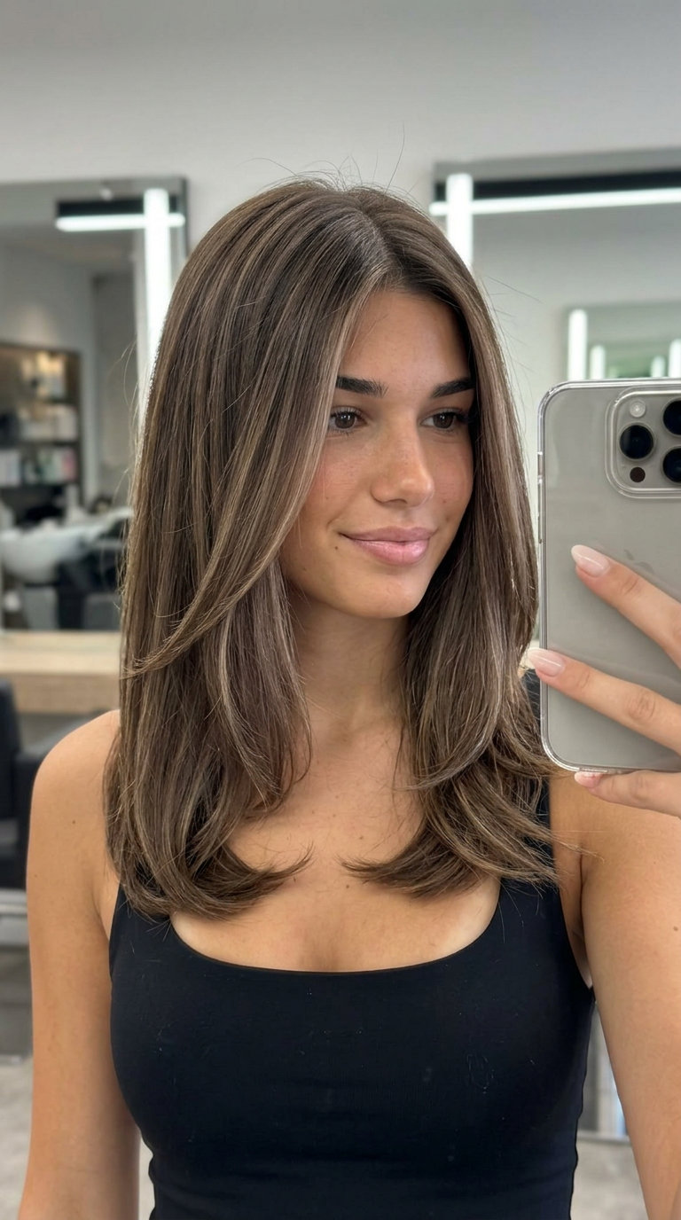 Mocha Melt Face-Framing Brunette 2026 long brunette hair with cool mocha face-framing highlights, money piece for summer