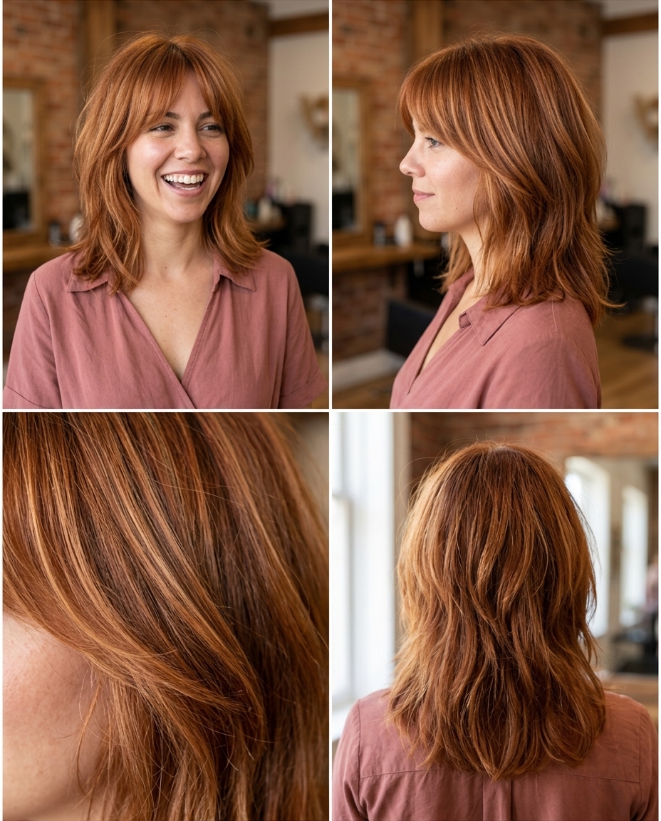 collarbone-length shag haircut with warm copper-auburn and strawberry blonde babylights, choppy layers, curtain bangs — bohemian weekend