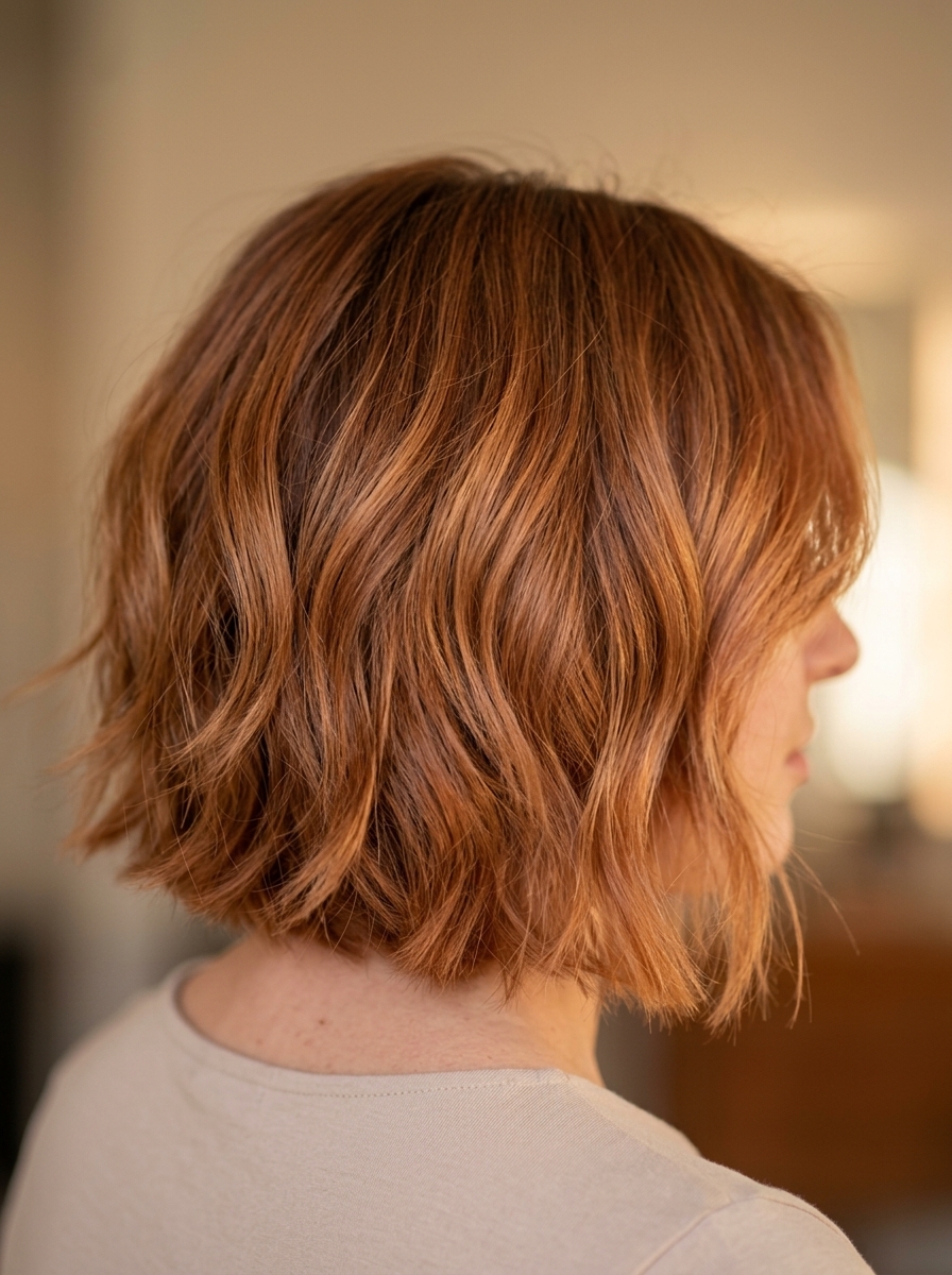 short french bob haircut in copper balayage with golden apricot tones, graduated layers, no bangs — radiant brunch style