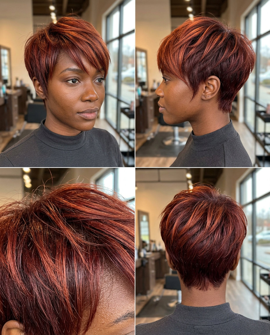short copper cherry red pixie haircut with choppy layers and swept fringe for summer
