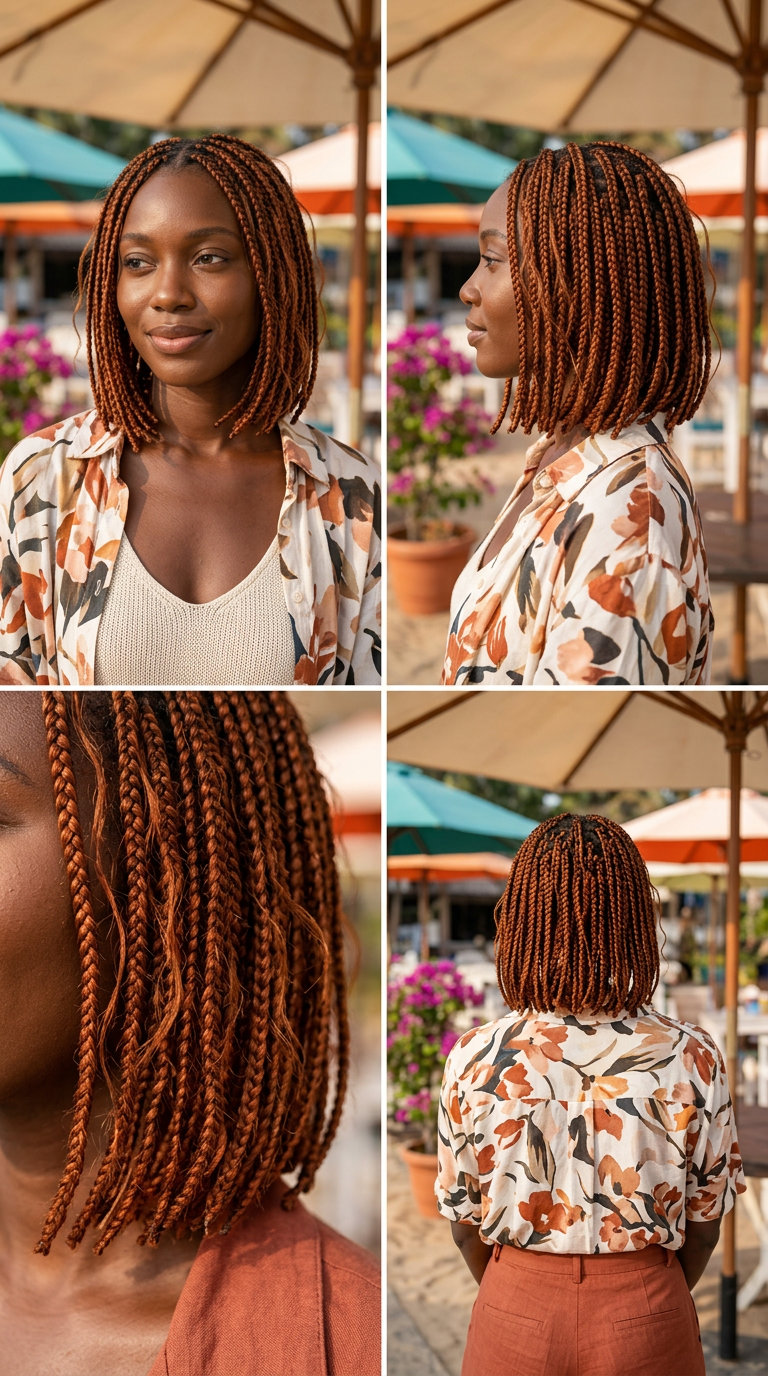 chin-length copper box braids with red-gold ginger texture, playful modern retro finish for brunch