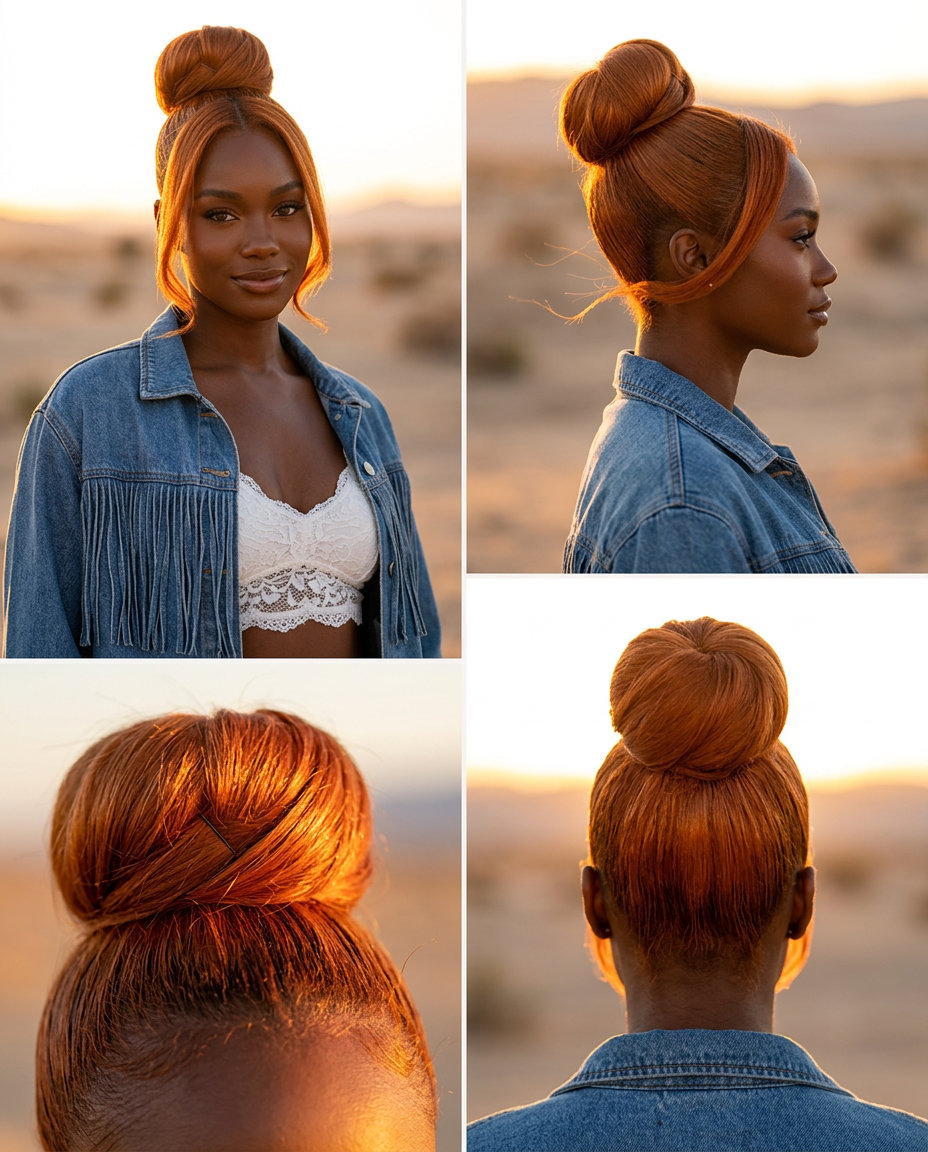 long bright copper penny bun with metallic sheen, all-over color, no fringe — bold summer festival
