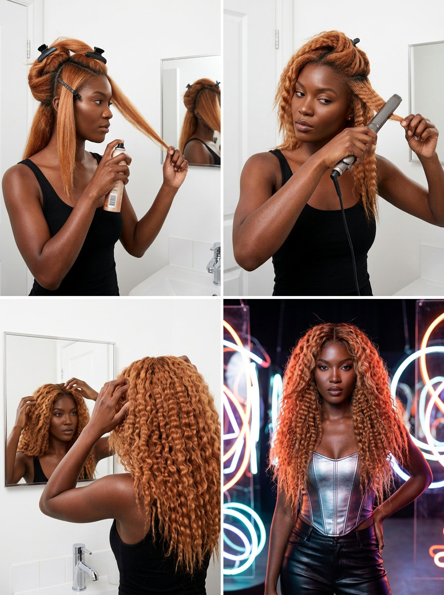 long hair with apricot copper and strawberry blonde ribbons, cascading layers, soft V-shape back — retro