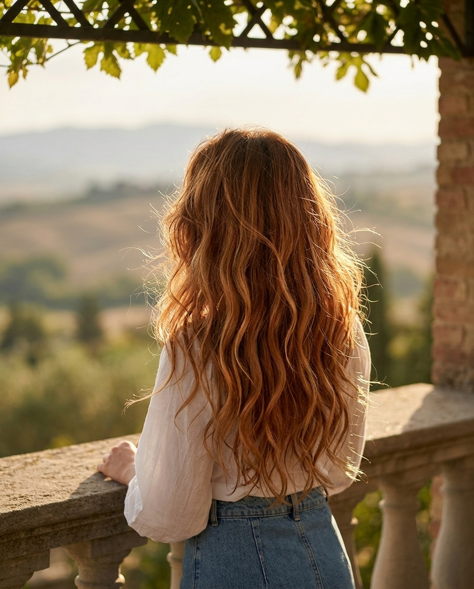 medium-length cut with warm copper balayage, golden-honey highlights, diffused layers — bohemian