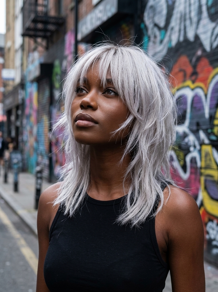 medium-long copper shag with shaggy curtain bangs, strawberry blonde highlights for playful look
