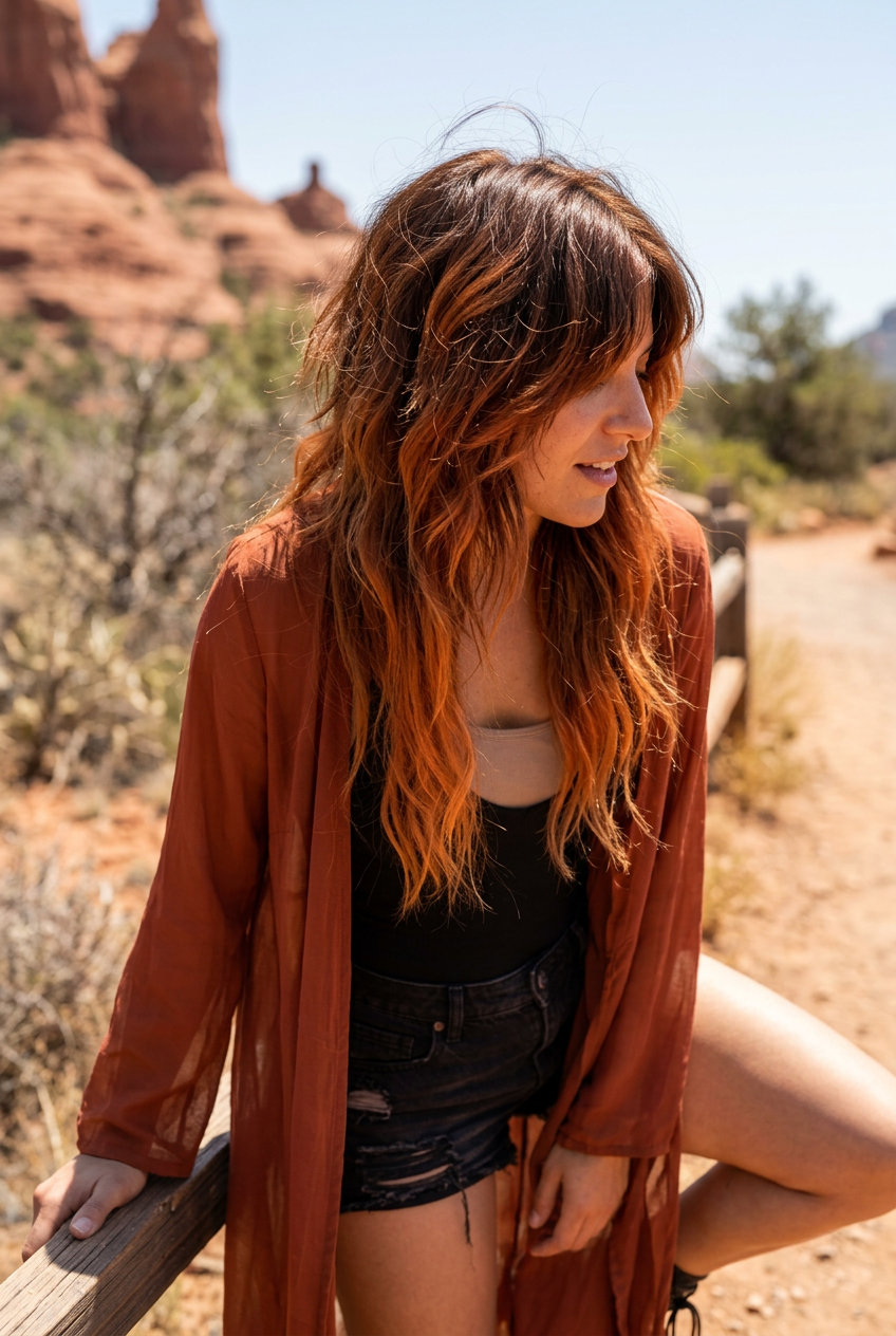 medium-long textured wolf cut with copper ombré and tousled layers for a bold look