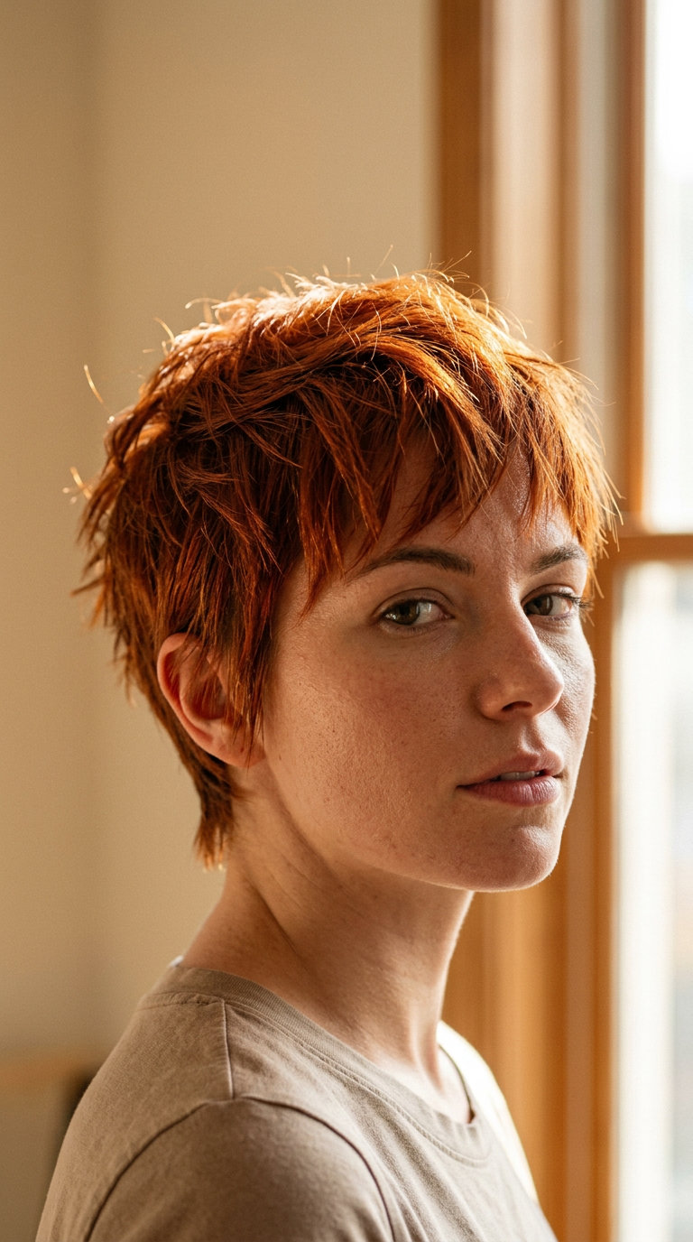 very short pixie haircut in vibrant copper-orange, deconstructed texture, diffused perimeter — adventurous style