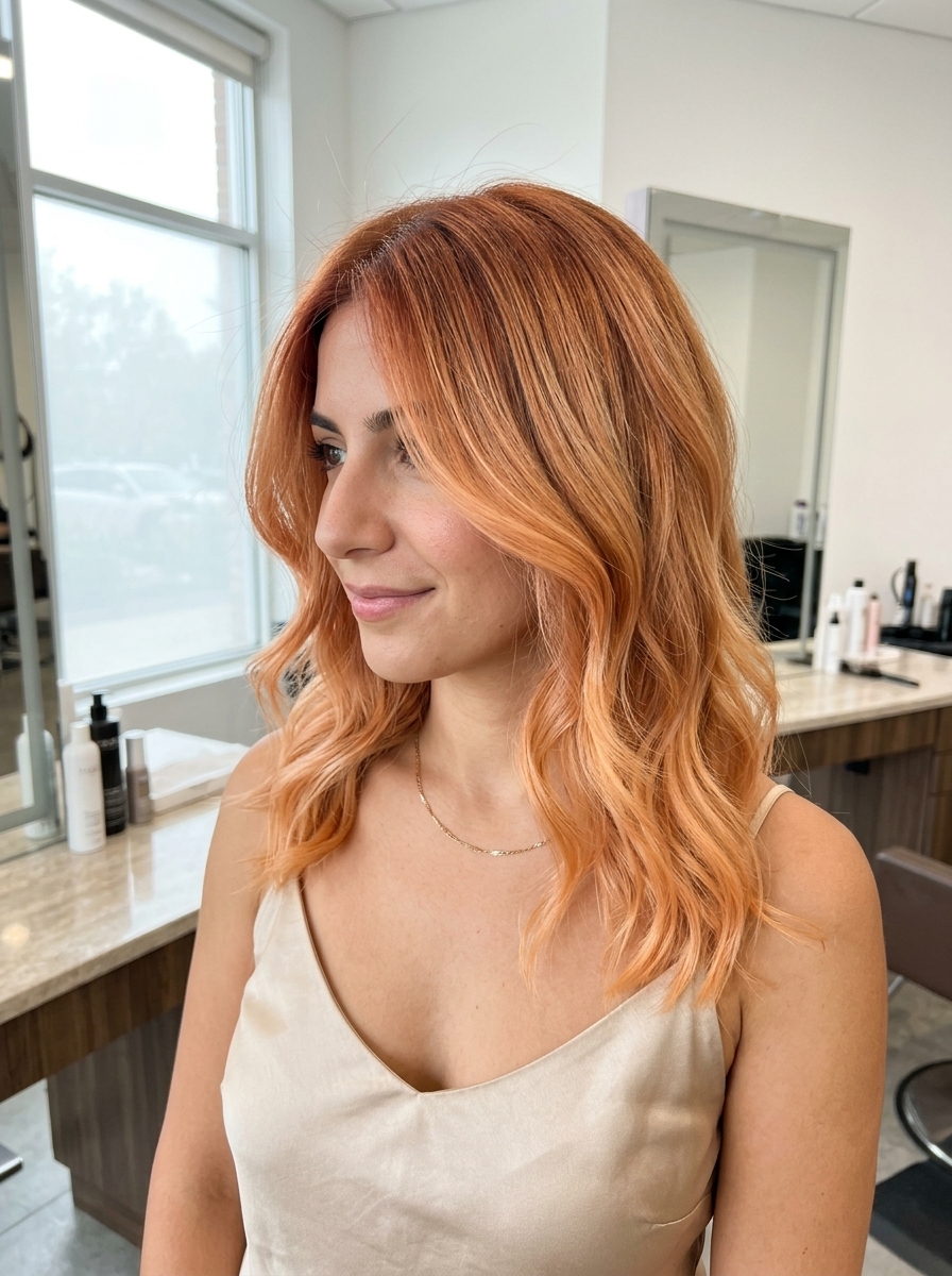 long layered U-cut strawberry blonde with toasted copper root and honeyed peach ends, color melt, bohemian