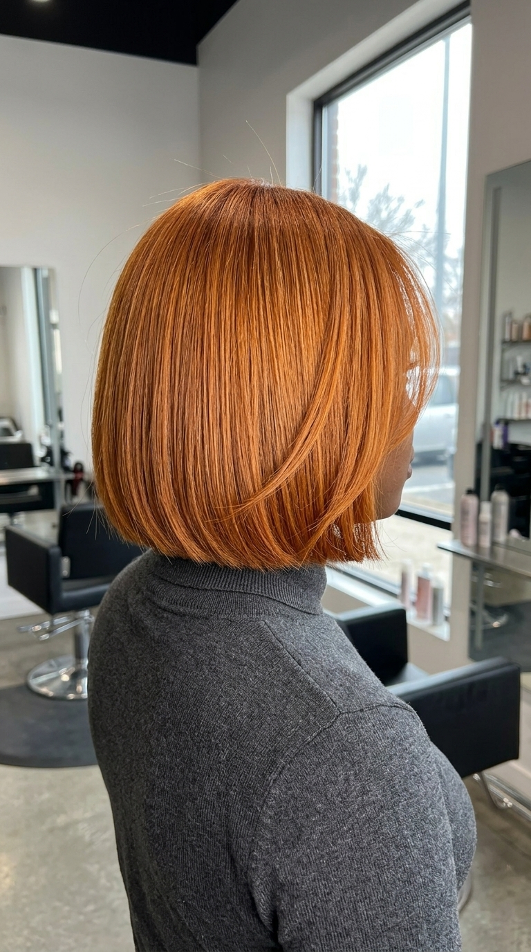 chin-length bob auburn haircut with vibrant copper color, razor-sharp blunt perimeter, and deep side part for modern chic