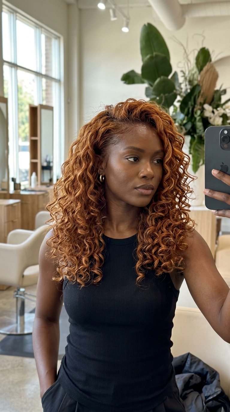 long layered cut auburn hair with vibrant copper color, defined curls, and face-framing for festivals