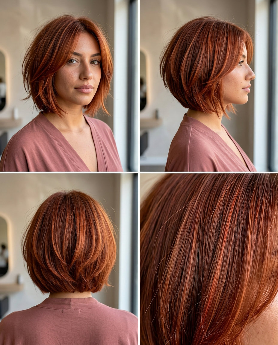 chin-length butterfly bob in copper red with fiery micro-highlights for summer