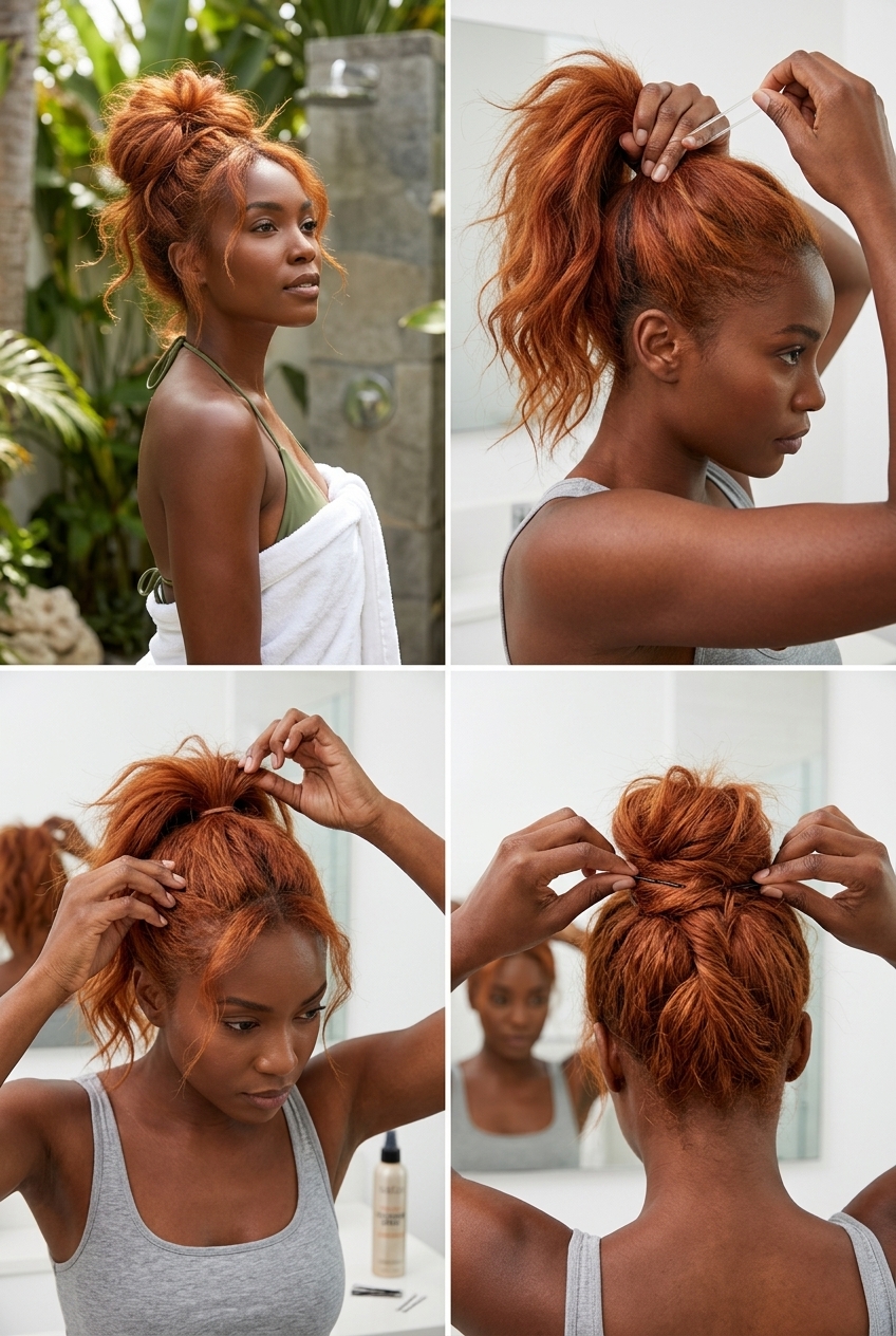 vibrant copper-red high knot with wispy face-framing pieces for summer