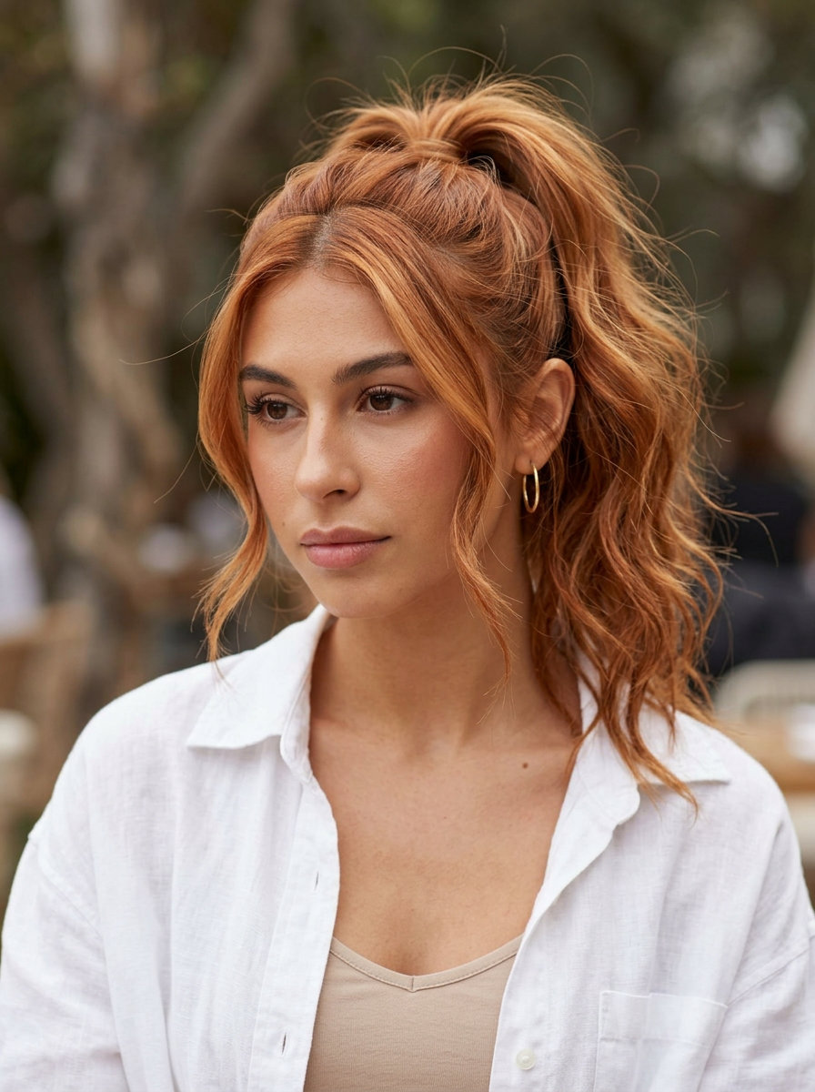 Playful Tousled Tropical Palm Pony 2026 long tousled ponytail with warm copper-red, loose waves for playful weekend brunch