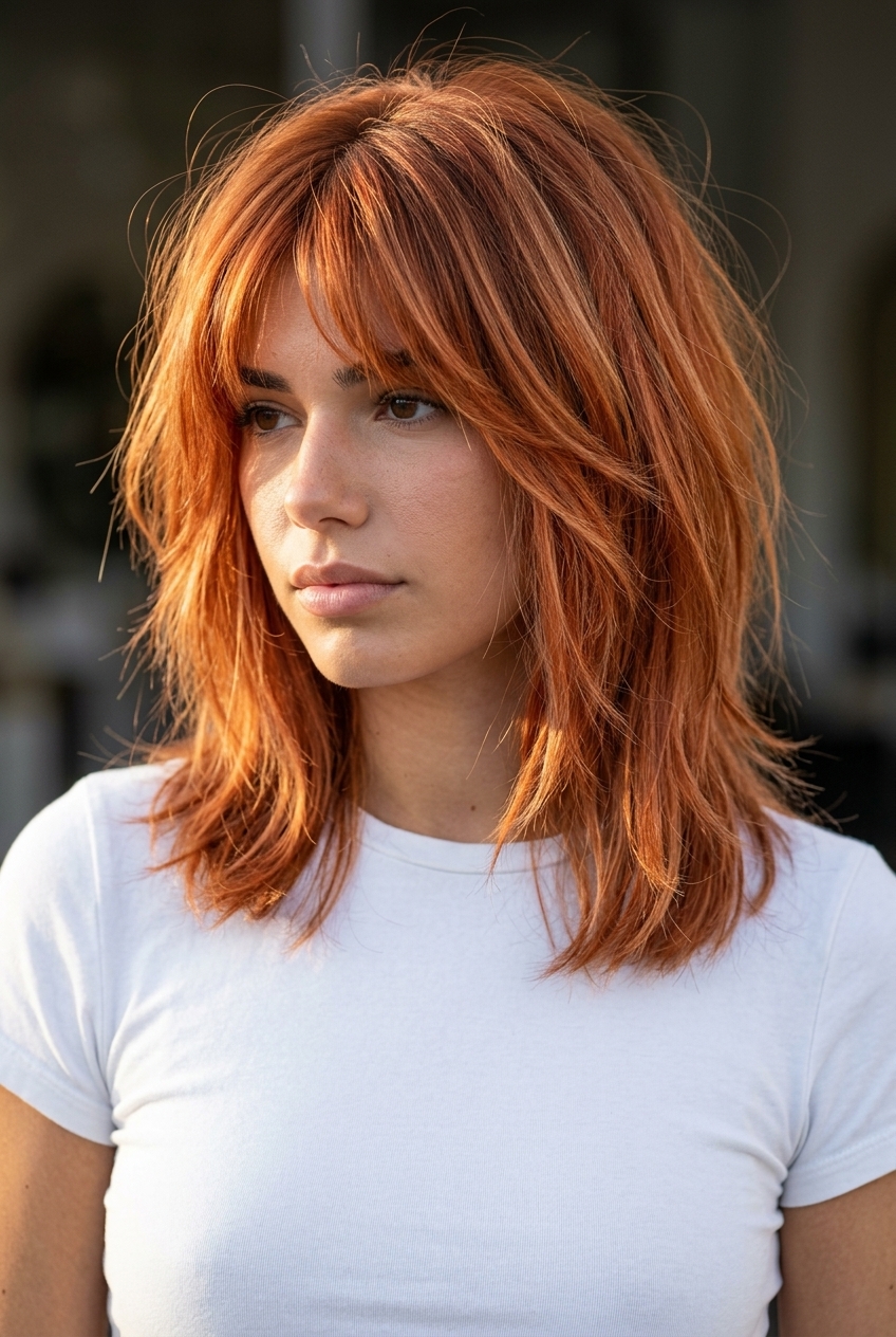 Fiery Razored Midi Haircut 2026 medium razored copper-red haircut with strawberry blonde ribbons, micro-fringe — bold, playful