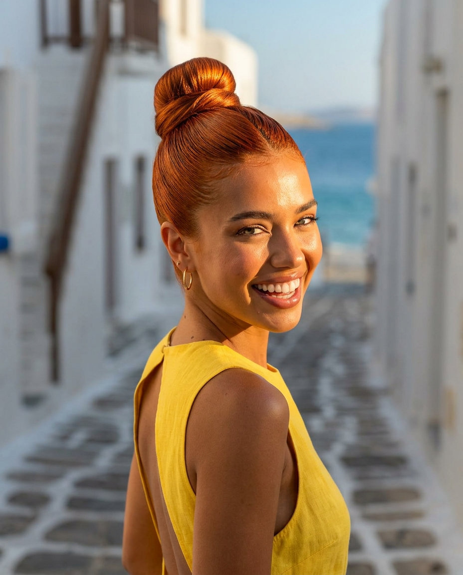 medium copper penny top knot with razored layers for bold looks