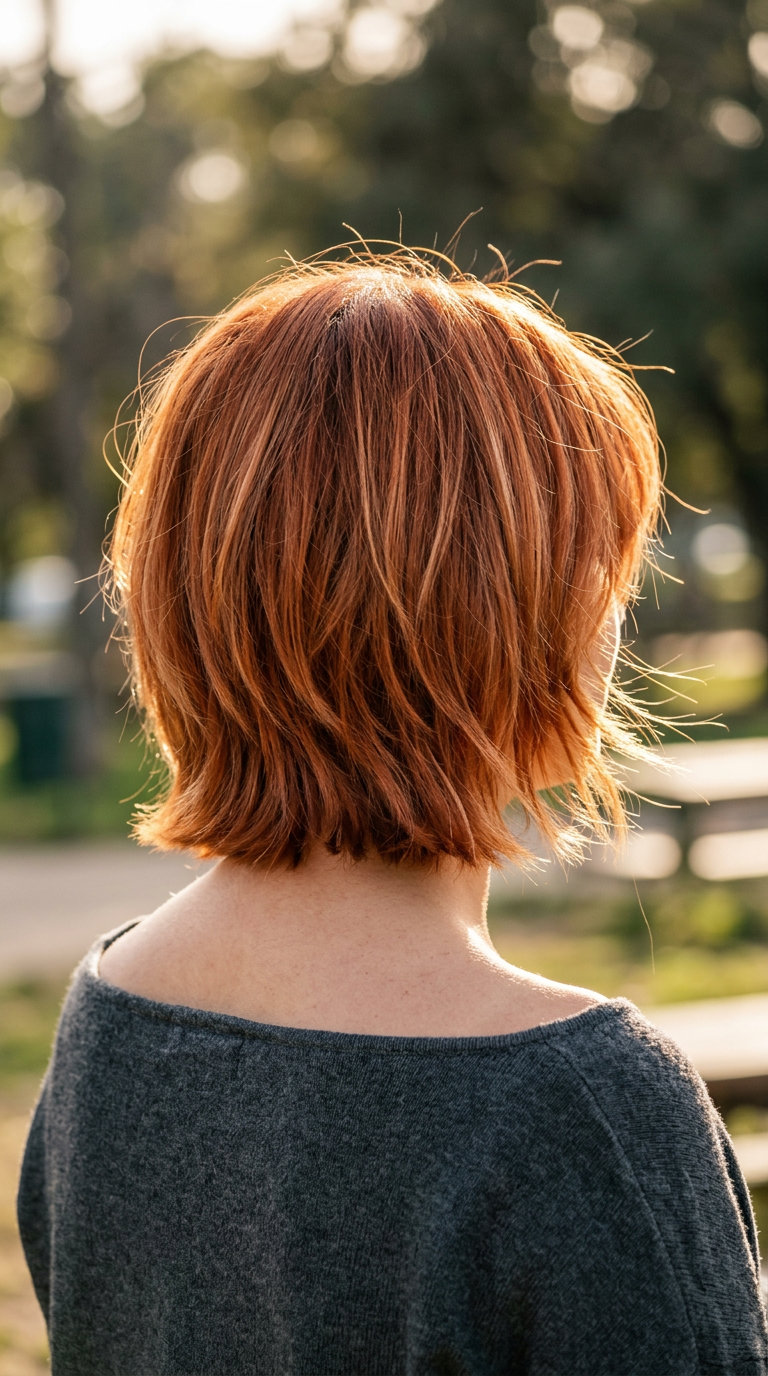 short copper red shag haircut with strawberry blonde babylights for summer