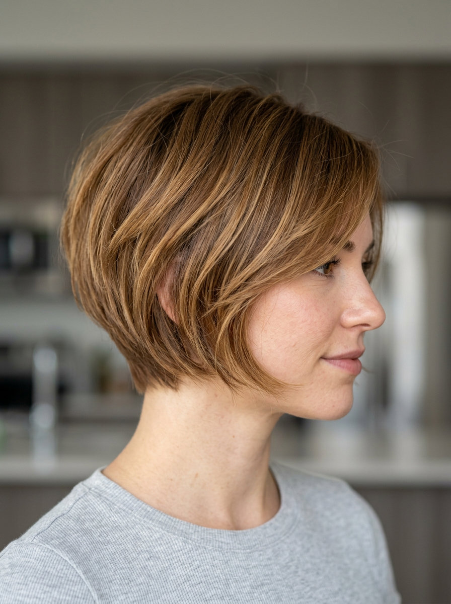 short pixie-bob haircut with warm copper & strawberry blonde highlights, layered, wispy fringe — soft & playful