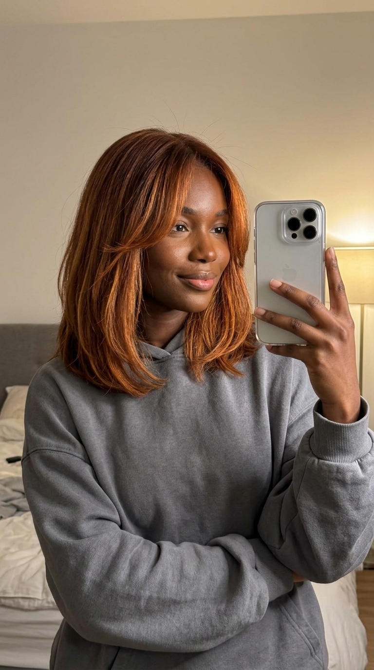 shoulder-length copper lob with curtain bangs, auburn base and golden highlights for vibrant look