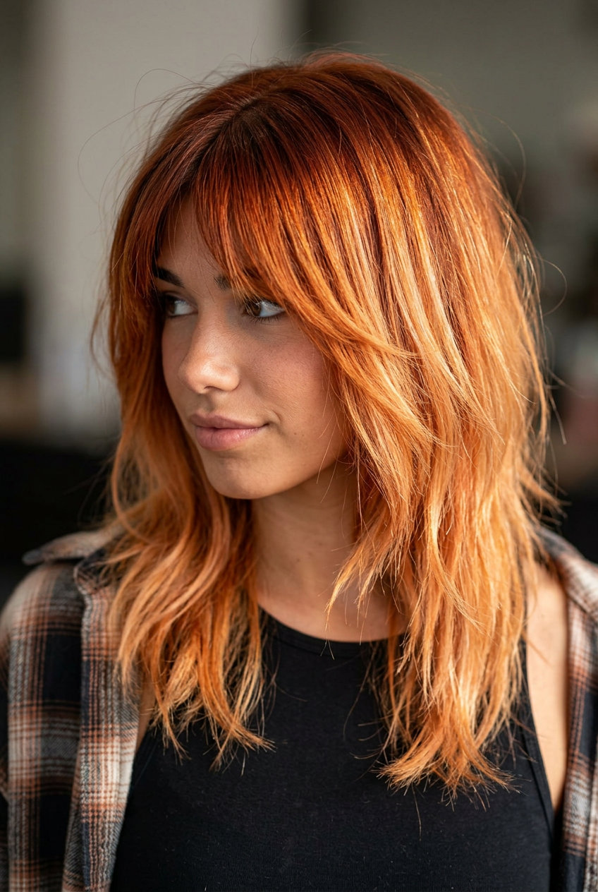 shoulder-length shag with fiery copper to strawberry blonde ombre, razored layers, brow-skimming fringe — edgy retro
