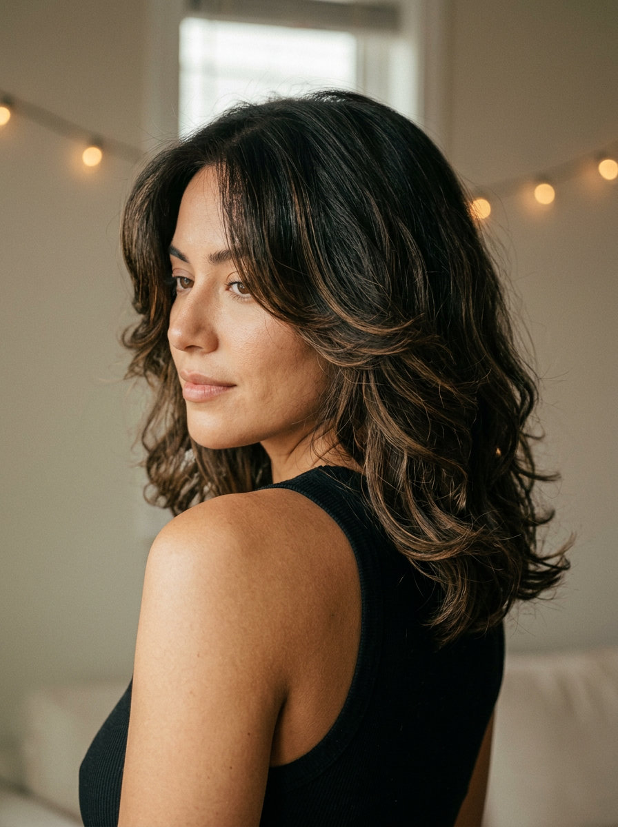 collarbone-length layered lob haircut in sunset copper with strawberry blonde balayage and wispy curtain bangs for summer