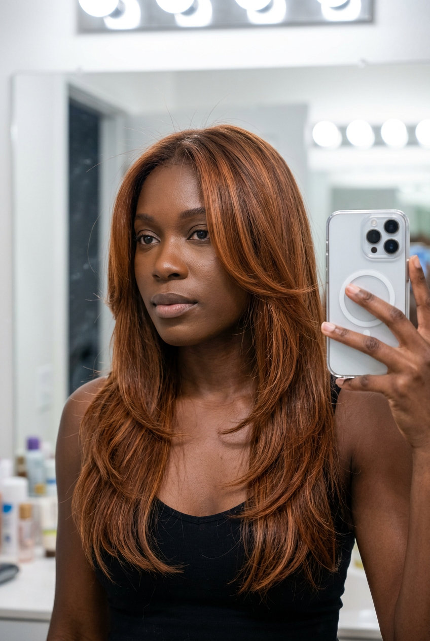 Copper Cowgirl Layers: Warm Face-Slimming Cut 2026 chest-length layered haircut with cowboy copper, face-framing layers for summer 2026