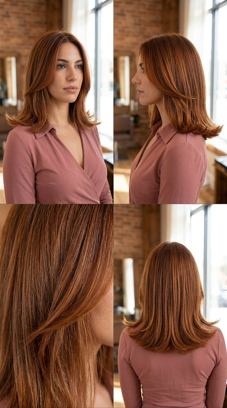Retro Cowboy Copper Flick Cut 2026 mid-length layered haircut in cowboy copper with auburn lowlights, flicked ends for round faces