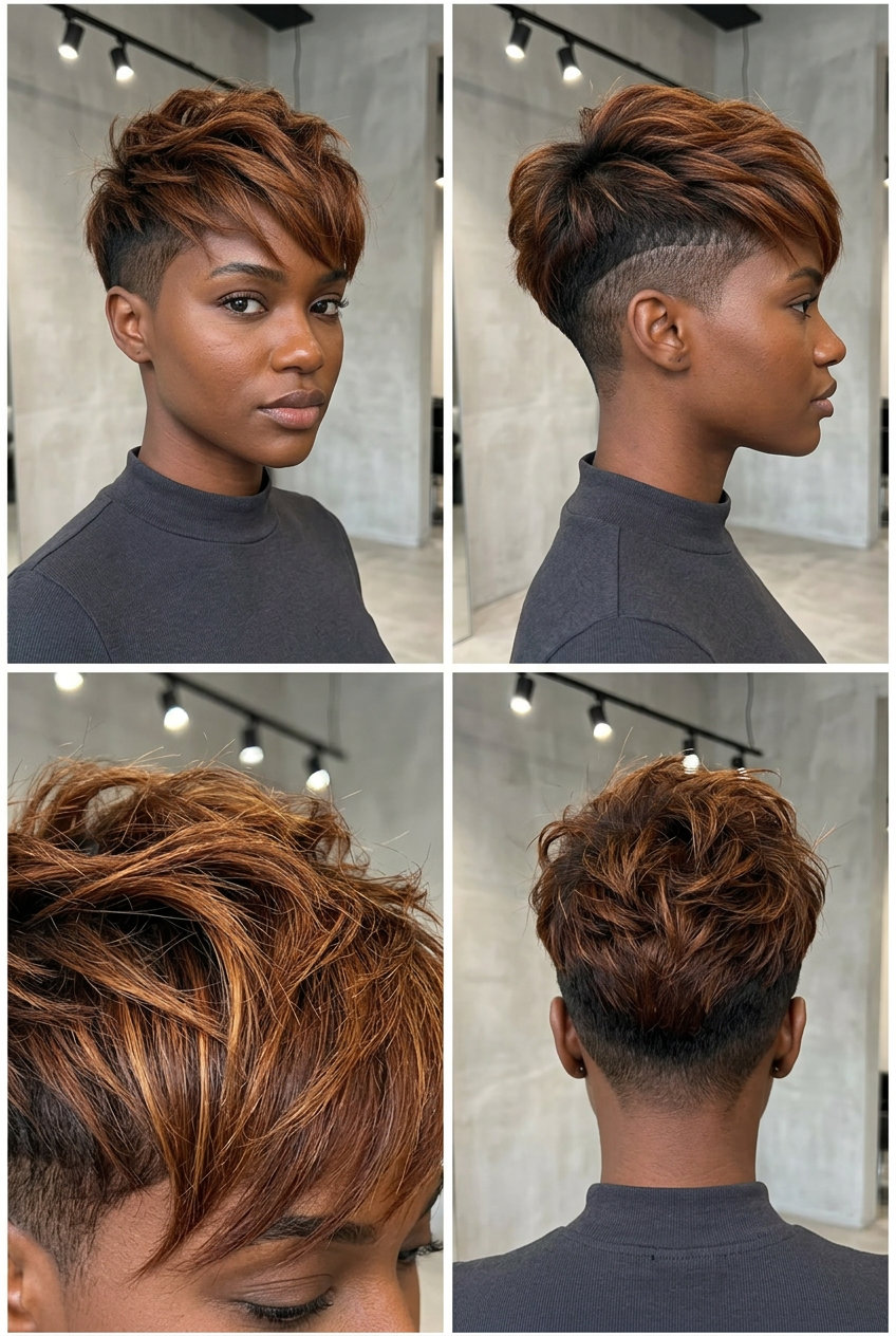 short disconnected auburn haircut with cowboy copper color, undercut, and textured top for edgy festivals