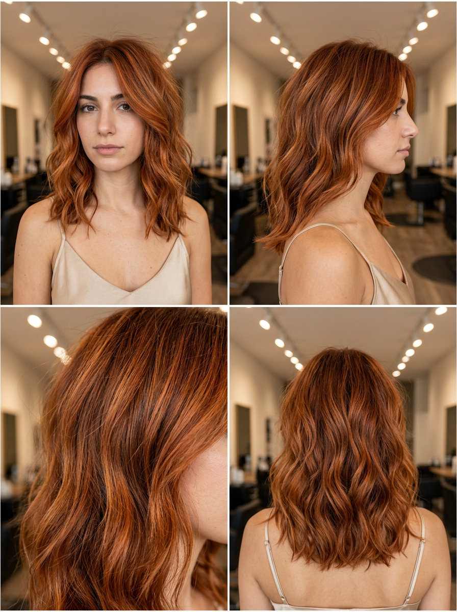 Vibrant Cowboy Copper Summer Haircut 2026 shoulder-length layered haircut in vibrant cowboy copper with auburn balayage, face-framing layers for round faces