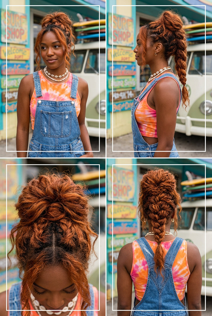 messy summer updo hairstyles 2026 with cowboy copper, braided pony textured, playful