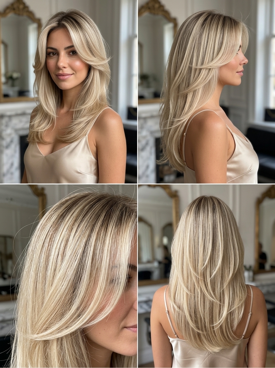 long layered face-framing haircut in creamy blonde with vanilla root shadow for glam