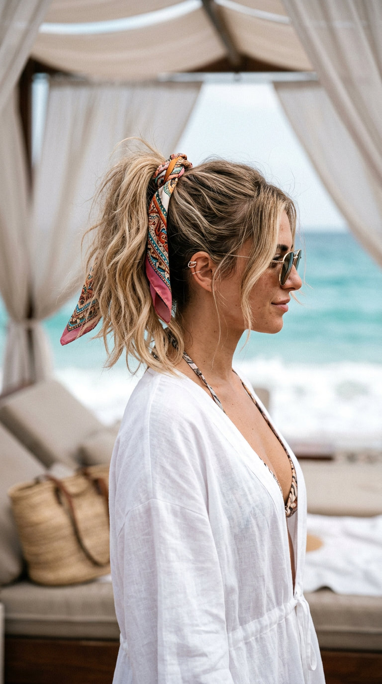 long creamy blonde ponytail with warm gold highlights and textured waves for summer