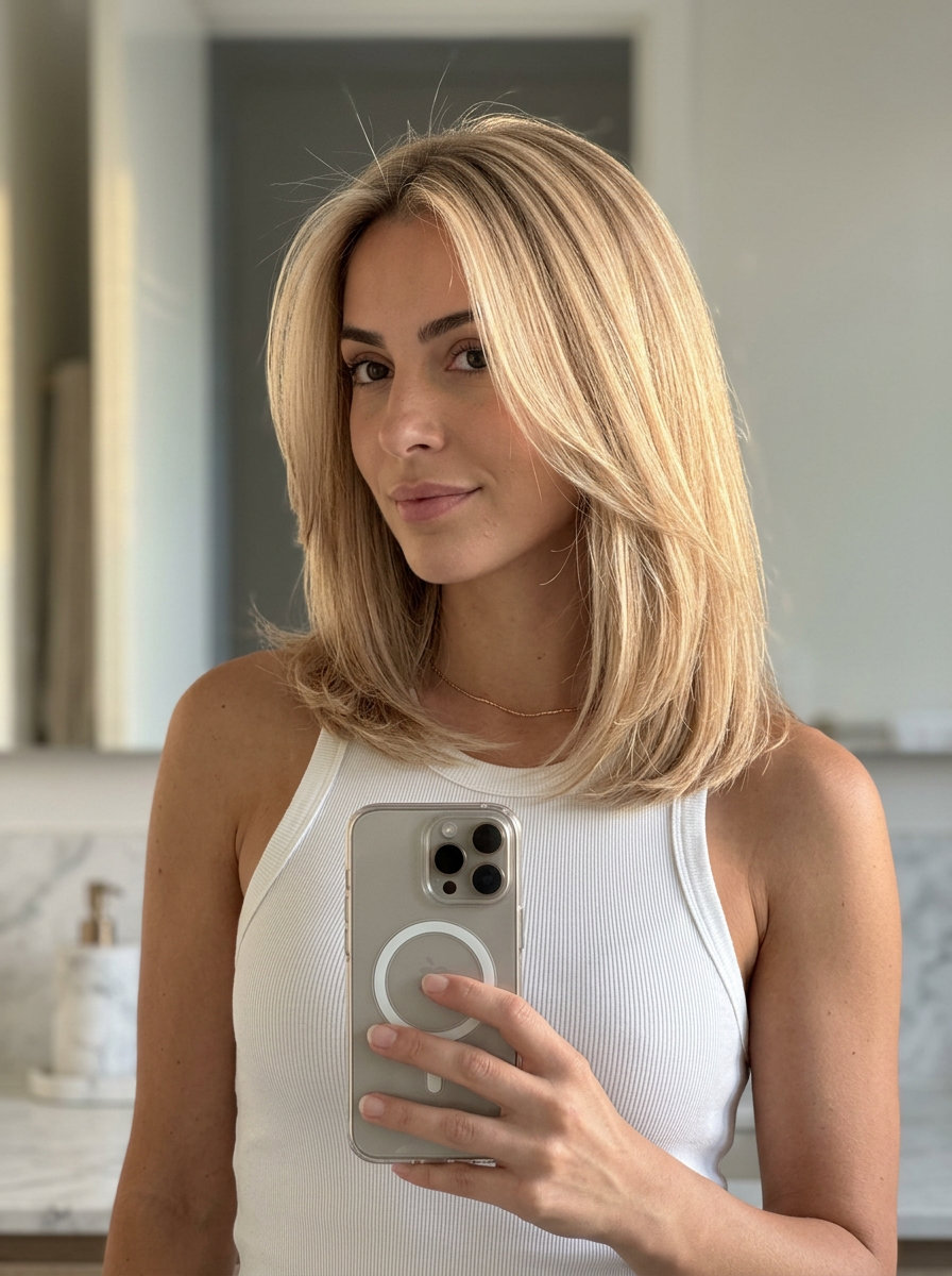 medium collarbone-length honey blonde hair with creamy babylights and Scandi hairline