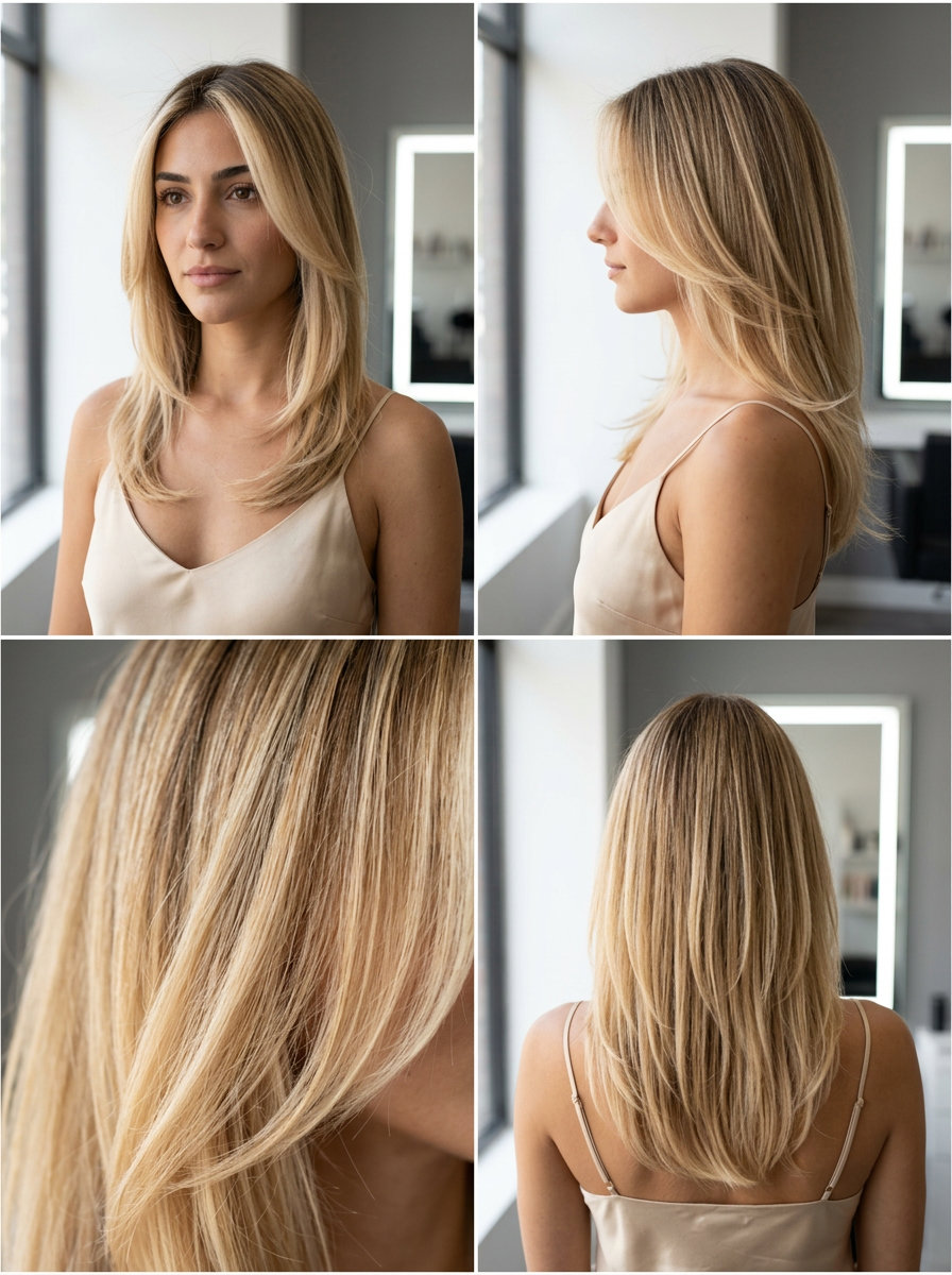 long honey blonde hair with creamy nectar balayage and face-framing layers for summer