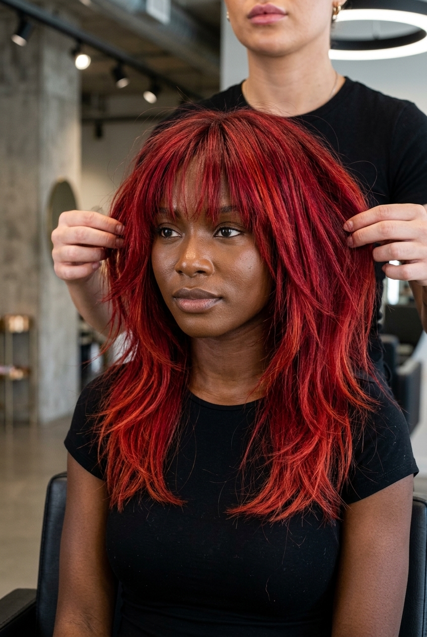Crimson Rocker Midi: Vibrant Red Hair 2026 medium textured haircut with crimson red, choppy razored layers, piecey bangs — bold concert night out