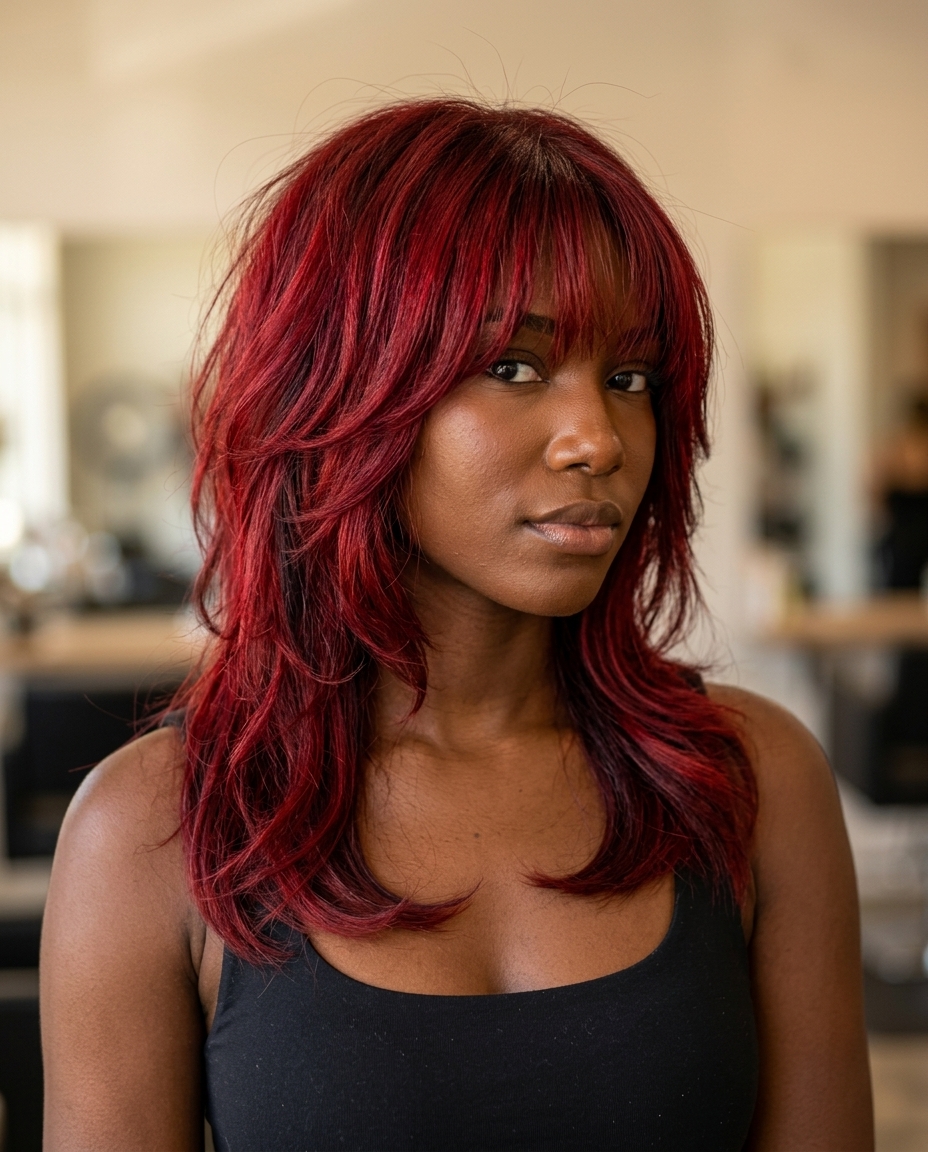 Crimson Red Fire Shag 2026 shoulder-length crimson red shag with ruby undertones, choppy layers and brow-grazing bangs