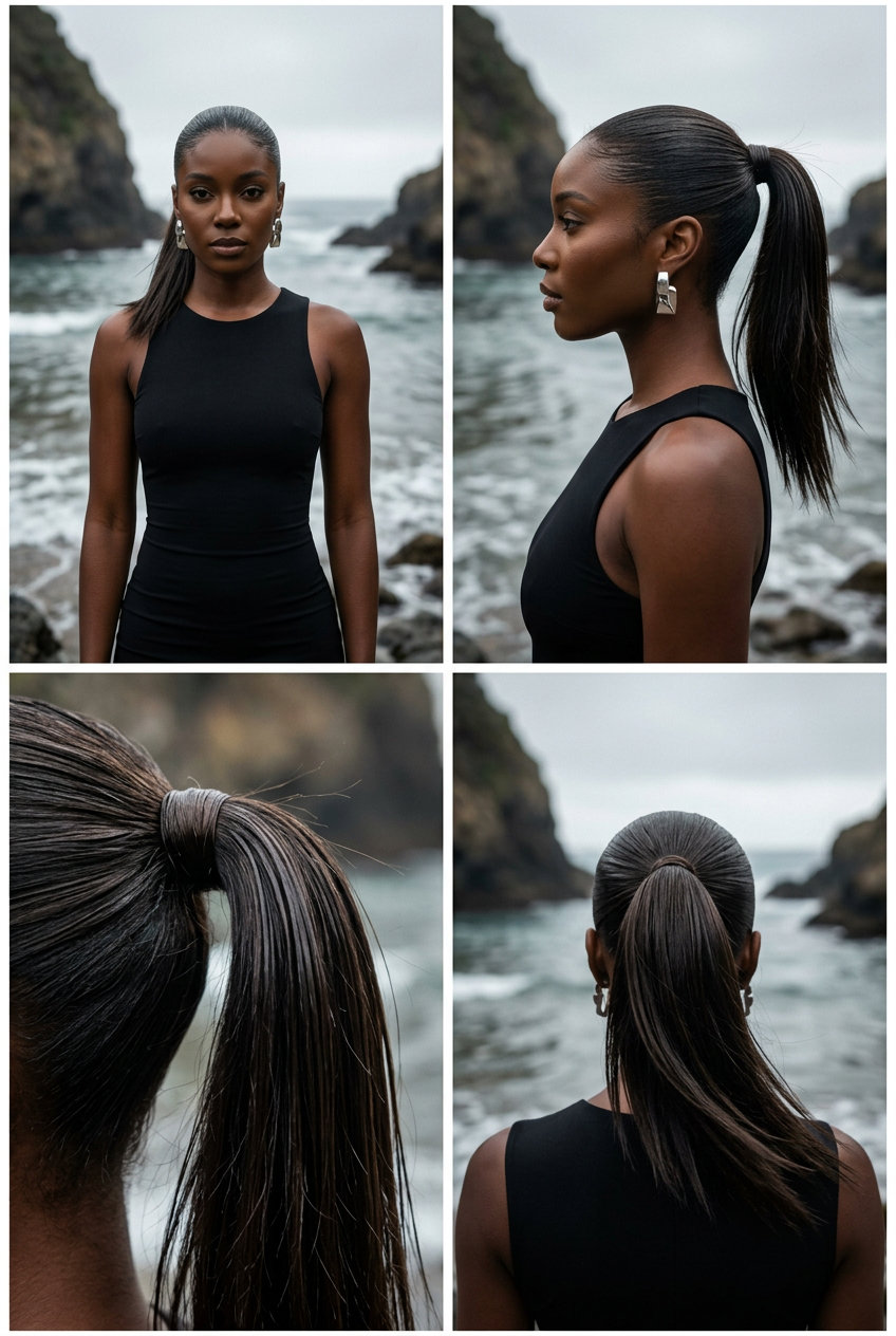 dark ash brown high ponytail hairstyle 2026 with wet look shine, gelled technique, no fringe — bold and glamorous