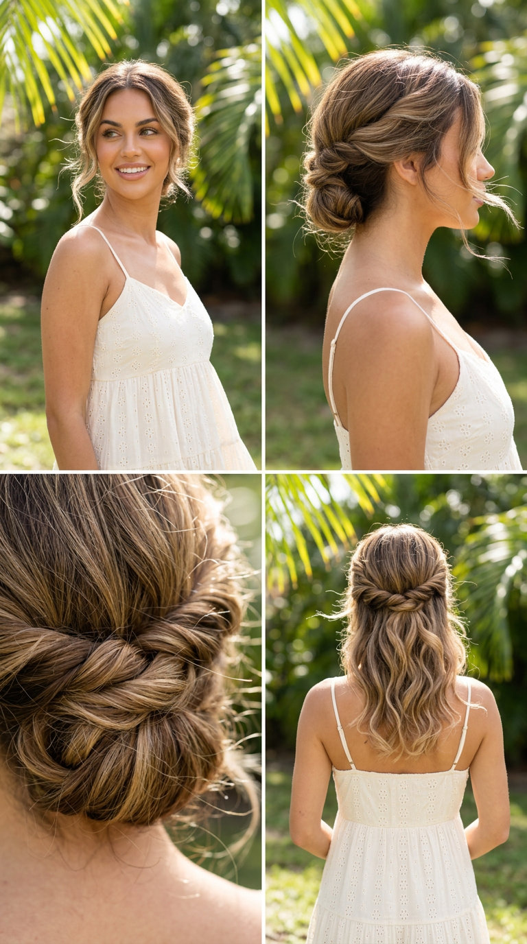 long dark blonde messy summer updo hairstyle with sun-kissed highlights, twisted sections, loose tendrils — romantic garden party